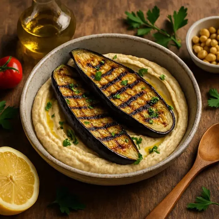Aubergine & hummus grills